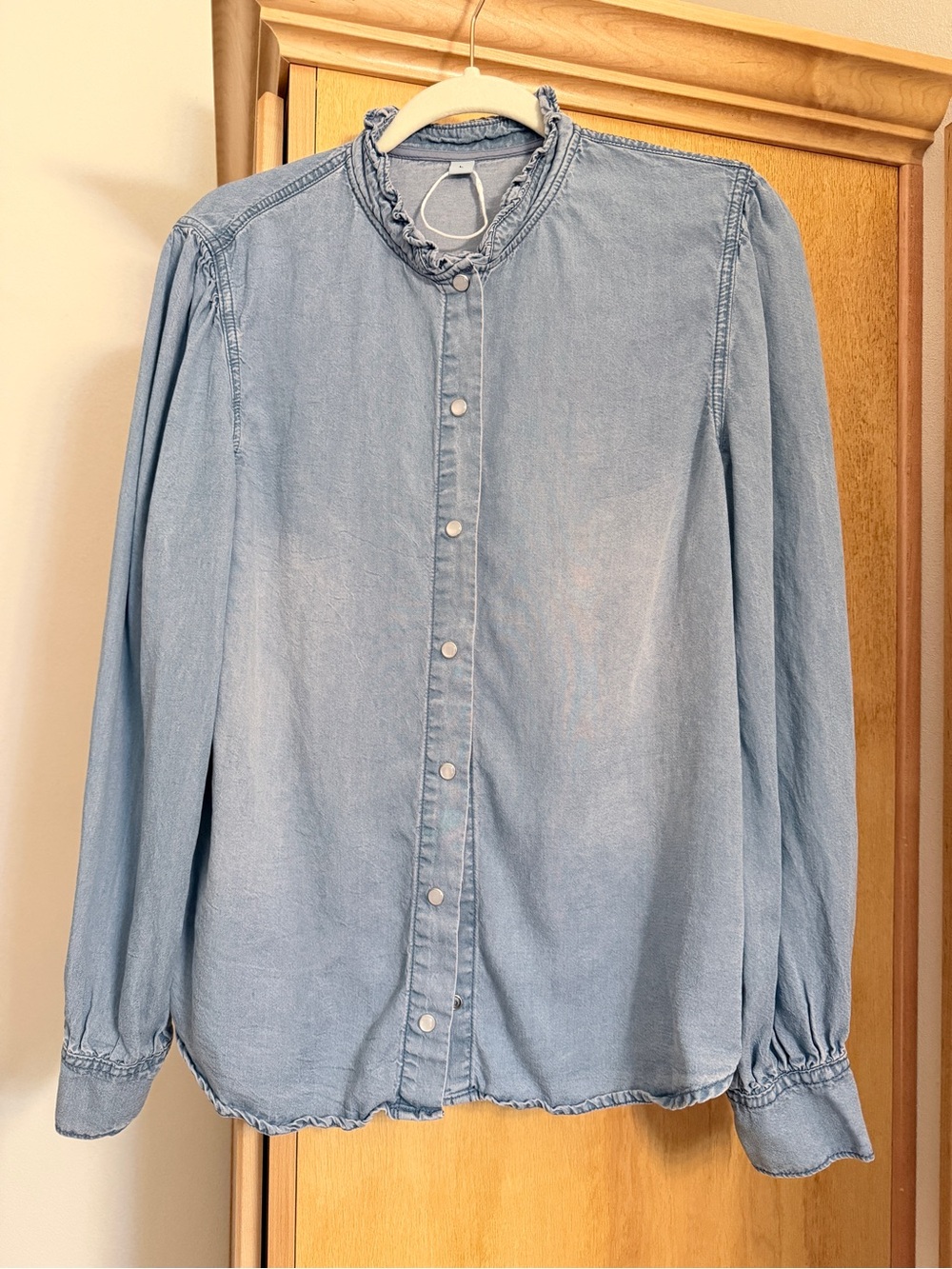 Light Wash Denim Button-Up Ruffle Collar Shirt